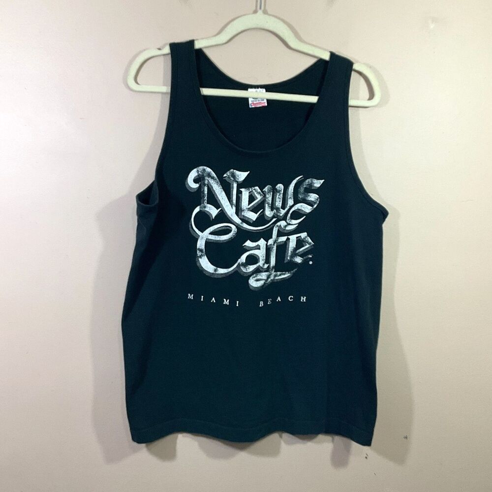 VTG Fruit of the Loom Mens News Cafe Miami Beach Tank Top L Black 90s Florida